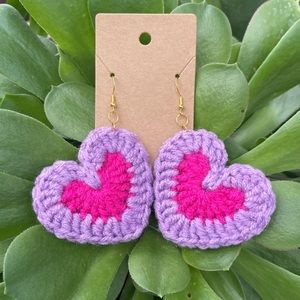 Handmade Crochet Heart Purple Magenta Two-Tone Earrings Valentine’s Day Jewelry